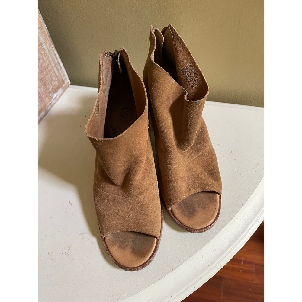 UGG Ginger Brown Suede Peep Toe Ankle Booties Block Heel Size 10 - Picture 5 of 8